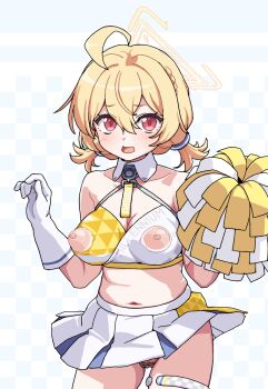 1girl ahoge bare_shoulders blonde_hair blue_archive breasts cheerleader clothes_lift commentary_request cowboy_shot gloves hair_between_eyes halo hands_up highres holding holding_pom_poms kotori_(blue_archive) kotori_(cheer_squad)_(blue_archive) large_breasts looking_at_viewer midriff navel nipples open_mouth pom_pom_(cheerleading) pom_poms pussy pussy_peek red_eyes short_hair skirt skirt_lift solo stomach tamaya white_gloves white_skirt yellow_halo