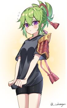 1girl absurdres alternate_costume armor black_shirt black_shorts blush breasts cahangonn closed_mouth cowboy_shot flying_sweatdrops genshin_impact green_hair hair_between_eyes high_ponytail highres indonesian_commentary japanese_armor kuki_shinobu looking_at_viewer ponytail purple_eyes shirt shirt_tug short_sleeves shorts shoulder_armor simple_background sketch small_breasts sode solo tassel twitter_username