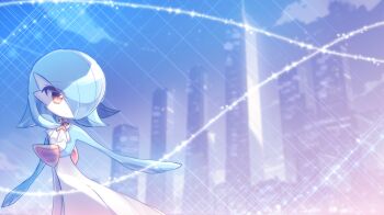 Rule 34 | 1girl, alternate color, alternate hairstyle, ascot, blue hair, blue skin, blue sky, blurry, blurry background, building, chisen maimai, city, closed mouth, cloud, colored skin, expressionless, female focus, flat chest, gardevoir, gen 3 pokemon, hair over one eye, libra (symbol), looking afar, multicolored skin, nintendo, one eye covered, orange eyes, outdoors, outstretched arm, pokemon, pokemon (creature), shiny pokemon, short hair, sky, skyscraper, solo, sparkle, standing, star (symbol), symbol-shaped pupils, two-tone skin, white ascot, white skin