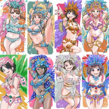 6+girls breasts character_request copyright_request dark-skinned_female dark_skin flexible large_breasts multiple_girls navel plump smile split standing standing_on_one_leg standing_split tagme