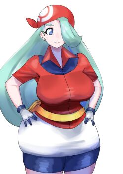 1girl bandana belt bike_shorts bike_shorts_under_skirt blue_eyes blue_shorts breasts collared_shirt cosplay hands_on_own_hips highres large_breasts long_hair mature_female may_(pokemon) may_(pokemon)_(cosplay) melony_(pokemon) multicolored_hair nintendo pencil_skirt plump pokemon pokemon_rse pokemon_swsh red_bandana red_shirt shirt short_sleeves shorts skirt smile solo streaked_hair suteakazuzuki2 white_skirt yellow_belt