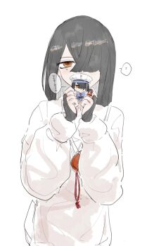 1girl absurdres arms_up black_hair bridal_gauntlets character_doll commentary covering_own_mouth doll fate/grand_order fate_(series) hair_over_one_eye highres holding holding_doll hoshimira lady_yu_doll long_sleeves looking_at_viewer mole mole_under_eye orange_eyes sketch solo speech_bubble sweater translated upper_body white_sweater xu_fu_(fate) xu_fu_(swimsuit_avenger)_(first_ascension)_(fate)