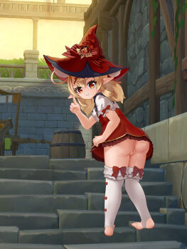 1220060931 1girl absurdres ass barefoot blonde_hair bow commentary_request dot_nose dress genshin_impact hat highres klee_(blossoming_starlight)_(genshin_impact) klee_(genshin_impact) loli official_alternate_costume open_mouth pointy_ears pussy red_bow red_dress red_eyes solo teeth vision_(genshin_impact) witch_hat