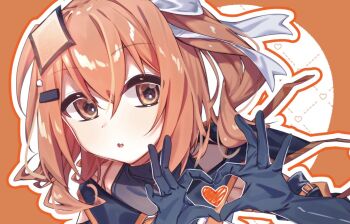 1girl a.i._voice adachi_rei alternate_costume black_gloves four-finger_heart_hands gloves hair_ribbon hamano_yui heart heart_hands looking_at_viewer medium_hair orange_eyes orange_hair own_hands_together ribbon solo utau