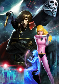 1970s_(style) 1990s_(style) 2girls alien arcadia bad_id bad_pixiv_id blonde_hair bodysuit brown_hair character_request claire crossover energy_gun ginga_tetsudou_999 harlock harlock_saga harp helmet instrument jolly_roger kei_yuki miime multiple_boys multiple_girls retro_artstyle pirate planet ray_gun realistic retro_artstyle scar science_fiction shotamaki soldier space spacecraft space_pirate star_(sky) uchuu_kaizoku_captain_harlock waga_seishun_no_arcadia weapon