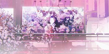 1boy absurdres ad_(object) against_railing billboard black_hair black_shirt cherry_blossoms cherry_tree coat commentary elbow_rest full_body hand_on_own_chin head_rest highres kim_dokja lamppost male_focus omniscient_reader&#039;s_viewpoint open_clothes open_coat outdoors railing roellm shirt short_hair solo symbol-only_commentary white_coat