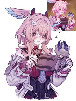 1girl bare_shoulders book cropped_torso detached_collar detached_sleeves dress game_screenshot_inset genshin_impact hair_between_eyes hair_intakes hands_up head_wings heart heart-shaped_pupils highres holding holding_book jacket linnea_(genshin_impact) long_sleeves medium_hair open_mouth pink_eyes pink_hair pointy_ears screenshot_inset simple_background solo sparkle symbol-shaped_pupils white_background white_jacket wings yuno06144