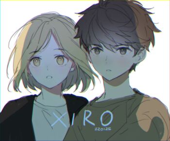 1boy 1girl :o artist_name black_jacket blonde_hair bob_cut brown_eyes brown_hair brown_shirt commentary_request jacket korean_commentary lee_gilyoung looking_at_viewer omniscient_reader&#039;s_viewpoint parted_lips serious shin_yoosung shirt short_hair sidelighting upper_body white_shirt xiro yellow_eyes