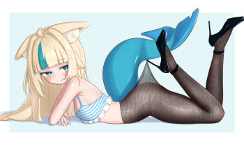 1girl absurdres ahoge akuruatsu animal_ear_fluff animal_ears ass bare_arms bare_shoulders black_pantyhose blonde_hair blue_background blue_eyes blue_hair blunt_bangs blush breasts cat_ears closed_mouth clothes_pull fins fish_tail frills from_side full_body high_heels highres indie_virtual_youtuber lace_pantyhose_hooked_on_heel_(meme) legs legs_up loli long_hair looking_at_viewer lying meme multicolored_hair on_stomach pantyhose sameko_saba simple_background small_breasts smile solo streaked_hair striped_clothes tail the_pose two-tone_background virtual_youtuber