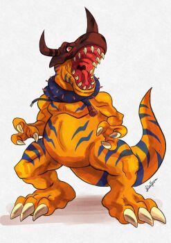 Rule 34 | claws, digimon, digimon (creature), digimon adventure, dinosaur, greymon, highres, open mouth, rinatigresa, sharp teeth, tail, teeth