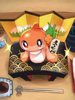 animal_focus bright_pupils character-themed_food chopstick_rest chopsticks commentary_request fish folding_screen food gen_1_pokemon gen_2_pokemon highres looking_at_viewer magikarp namekuj1hey nintendo no_humans pokemon pokemon_(creature) pokemon_focus soy_sauce sparkle sushi sushi_geta table tagme tatsugiri tatsugiri_(curly) toothpick toothpick_holder white_pupils wooper