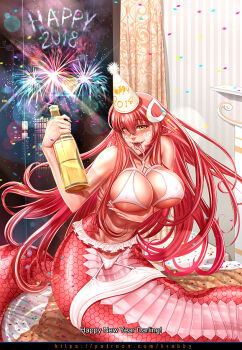 1girl 2018 aerial_fireworks blush bottle breasts cameltoe champagne_bottle commentary commission confetti covered_erect_nipples curtains english_commentary fireworks full_body hair_between_eyes hair_ornament hairclip hat holding holding_bottle indoors krabbytheartist lamia large_breasts long_hair looking_at_viewer miia_(monster_musume) monster_girl monster_musume_no_iru_nichijou night open_mouth panties party_hat patreon_username pointy_ears red_hair scales smile solo tongue tongue_out underwear very_long_hair watermark web_address white_hat white_panties window yellow_eyes