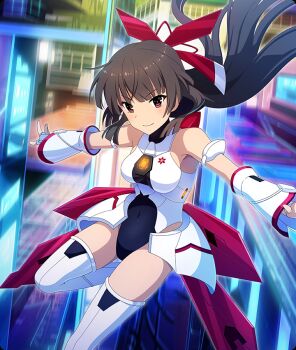 Rule 34 | 1girl, armor, armpits, bare shoulders, blue leotard, blunt ends, blurry, blurry background, breasts, brown hair, closed mouth, covered navel, detached sleeves, dot nose, fingerless gloves, floating hair, game cg, gloves, hair ribbon, juujou hiyori, leotard, long hair, looking at viewer, medium breasts, midair, official art, outstretched arms, red eyes, red ribbon, ribbon, sleeveless, smile, solo, spread arms, thighhighs, third-party source, toji no miko, toji no miko: kizamishi issen no tomoshibi, white armor, white gloves, white sleeves, white thighhighs