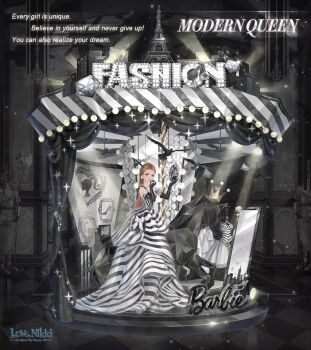 1girl applying_lipstick applying_makeup applying_own_makeup artist_request barbie_(franchise) bare_shoulders bird black_background black_dress black_gloves bow brown_eyes brown_hair building character_name checkered_floor copyright_logo copyright_name cosmetics crow dark-skinned_female dark_skin dress dress_bow earrings eiffel_tower elbow_gloves english_text expressionless forehead frilled_dress frills full-length_mirror full_body gloves gown holding holding_lipstick_tube holding_mirror indoors jewelry light_particles lipstick lipstick_tube logo long_dress long_hair looking_at_viewer makeup miracle_nikki mirror modern_queen_(miracle_nikki) nikki_(series) official_art painting_(object) parted_lips pleated_dress red_lips skyscraper sleeveless sleeveless_dress solo sparkle sphere_earrings spotlight stage statue straight_hair strap_slip striped_clothes striped_dress third-party_source two-tone_dress unworn_dress very_long_hair white_bow white_dress