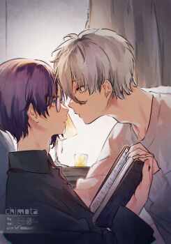 2boys black_shirt blue_lock book closed_mouth eye_contact forehead-to-forehead glasses hands_on_another's_hands heads_together highres holding holding_book imminent_kiss looking_at_another male_focus mikage_reo mt62 multiple_boys nagi_seishirou purple_hair shirt simple_background sweater white_hair white_sweater yaoi