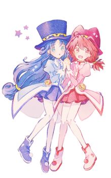 2girls :d :o ahoge aqua_eyes blue_boots blue_coat blue_hair blue_hat blue_skirt boots bow bowtie buttons coat commentary compact_(cosmetics) cosmetics curly_hair curtained_hair fine_(futagohime) full_body fushigiboshi_no_futago_hime hair_between_eyes hat holding_hands interlocked_fingers light_blush long_hair long_sleeves looking_at_viewer low-tied_long_hair miniskirt multiple_girls open_mouth overcoat pantyhose pink_boots pink_coat pleated_skirt pom_pom_(clothes) pom_pom_footwear puffy_long_sleeves puffy_sleeves red_eyes red_hair red_hat red_skirt red_trim rein_(futagohime) ryokuno_green short_twintails siblings simple_background sisters skirt smile star_(symbol) top_hat twins twintails very_long_hair white_background white_bow white_bowtie white_pantyhose white_trim