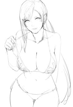 1girl bikini bikini_tug biting_own_lip breasts clothes_pull final_fantasy final_fantasy_vii gluteal_fold groin halterneck highres j@ck large_breasts leaning_forward long_hair looking_at_viewer midriff navel panties panty_pull ponytail sidelocks sketch skindentation solo stomach swimsuit thighs tifa_lockhart underwear unfinished white_background