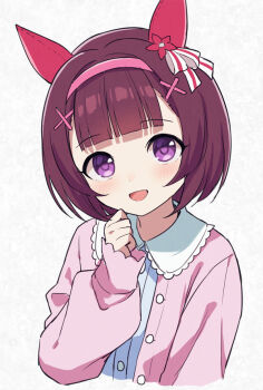 1girl animal_ears blunt_bangs blush bow brown_hair cardigan casual ear_bow ear_covers hair_ornament hairband headband horse_ears horse_girl long_sleeves looking_at_viewer mauve nishino_flower_(casual)_(umamusume) nishino_flower_(umamusume) open_mouth pink_cardigan pink_hairband purple_eyes shirt short_hair smile umamusume upper_body white_shirt x_hair_ornament