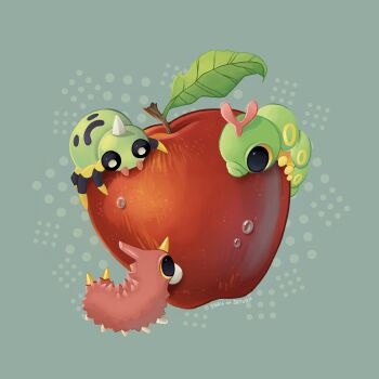Rule 34 | absurdres, apple, artist name, bug, caterpie, colored sclera, food, fruit, gen 1 pokemon, gen 2 pokemon, gen 3 pokemon, grey background, highres, nintendo, no humans, pokemon, pokemon (creature), snail on saturn, spinarak, wurmple, yellow sclera