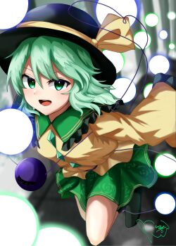 1girl :d absurdres black_hat bow buttons commentary_request danmaku diamond_button floating_hair floral_print floral_print_skirt frilled_shirt_collar frilled_sleeves frills full_body green_eyes green_hair green_skirt hair_between_eyes hat hat_bow heart heart_of_string highres koishi_day komeiji_koishi light_blush long_sleeves looking_at_viewer medium_hair midair miniskirt open_mouth outdoors print_skirt rose_print round_teeth shirt signature skirt smile snowdrop6963 solo spell_card subterranean_animism sun_hat teeth third_eye touhou upper_teeth_only v-shaped_eyebrows wide_sleeves yellow_bow yellow_shirt
