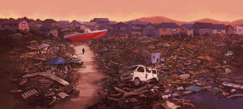 Rule 34 | 1other, ambiguous gender, boat, building, car, commentary request, copyright request, destruction, evening, highres, house, monaka (siromona), motor vehicle, mountainous horizon, official art, outdoors, rubble, scenery, sky, standing, very wide shot, watercraft