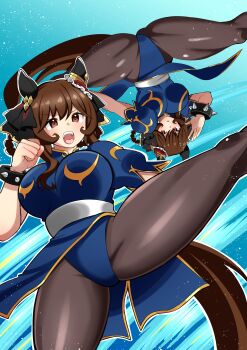 1girl absurdres animal_ears aramori_susumu ass blue_bodysuit blush bodysuit bracelet braid braided_hair_rings breasts brown_hair capcom china_dress chinese_clothes chun-li chun-li_(cosplay) commentary cosplay dress ear_covers ear_ornament english_commentary fighting_stance gentildonna_(umamusume) hair_between_eyes hair_bun hair_ornament hair_rings heart-shaped_ornament heart_ear_ornament highres horse_ears horse_girl horse_tail jewelry large_breasts pantyhose pelvic_curtain red_eyes simple_background single_ear_cover solo spiked_bracelet spikes street_fighter studded_bracelet tail thick_thighs thighs umamusume unitard