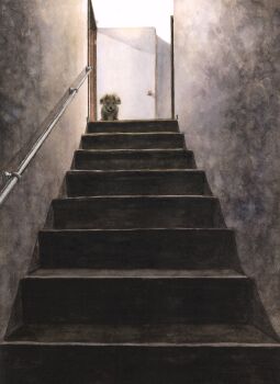animal animal_focus dog door doorknob highres looking_at_viewer no_humans open_door original painting_(medium) shadow stairs traditional_media yuki_furasi