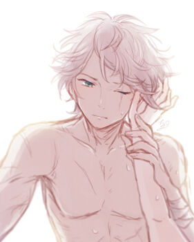 1boy 1girl aqua_eyes chizu_(fiute) collarbone commentary_request female_pov hand_in_another's_hair hetero holding_another's_wrist implied_sex male_focus octopath_traveler octopath_traveler_i one_eye_closed ophilia_clement pov scar scar_across_eye scar_on_chest scar_on_face scar_on_shoulder short_hair sketch solo_focus sweatdrop therion_(octopath_traveler) topless_male upper_body white_background white_hair