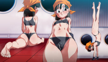 1girl :o arms_behind_back ass bandana bar_censor barefoot black_eyes black_hair cameltoe censored covered_erect_nipples dragon_ball dragon_ball_gt exercising flat_chest handstand loli looking_to_the_side multiple_views navel orange_bandana pan_(dragon_ball) rom_(20) short_hair sitting soles sports_bra standing sweat thighs toes