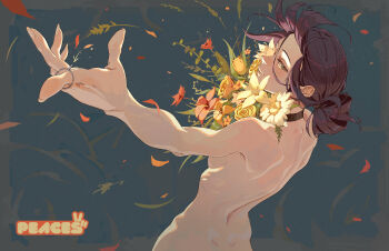 1girl artist_logo artist_name back black_choker breasts brown_hair chainsaw_man choker commentary dimples_of_venus english_commentary flower green_eyes grenade_pin hair_bun hibiscus highres leaf logo looking_at_viewer median_furrow nude outstretched_arm parted_lips peaceablecolt red_flower reze_(chainsaw_man) ribs shoulder_blades sideboob single_hair_bun smile solo white_flower yellow_flower