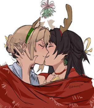 2girls animal_ear_hairband animal_ears astra_yao black_choker black_hair blonde_hair blush choker closed_eyes closed_mouth commentary earrings english_commentary evelyn_chevalier fake_animal_ears fake_antlers from_side hair_intakes hairband hand_on_another's_face highres imminent_kiss jewelry long_hair mole mole_under_eye multiple_girls myata_(dreamycke) parted_lips portrait shirt simple_background smile twitter_username under_covers white_background white_shirt yuri zenless_zone_zero