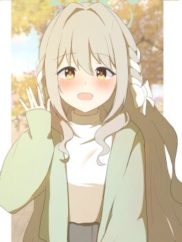 Rule 34 | 1girl, blue archive, blush, bow, braid, commentary request, green jacket, grey hair, hair bow, hair ribbon, highres, jacket, long hair, looking at viewer, miyo (blue archive), multicolored hair, ribbon, ribbon braid, shianorei, smile, solo, sweater, two-tone hair, waving, wavy hair, white bow, white hair, white sweater, yellow eyes