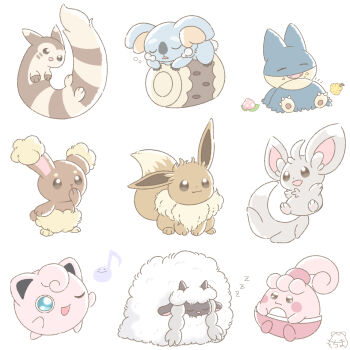 Rule 34 | :3, berry (pokemon), buneary, commentary request, eevee, food, food on face, furret, gen 1 pokemon, gen 2 pokemon, gen 4 pokemon, gen 5 pokemon, gen 7 pokemon, gen 8 pokemon, happiny, highres, jigglypuff, komala, minccino, mochimaro (infj oekaki), munchlax, music, musical note, nintendo, no humans, open mouth, pecha berry, pikachu, pokemon, pokemon (creature), signature, simple background, singing, sitrus berry, white background, wooloo, zzz