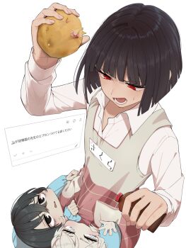 1boy 2girls aged_down apron black_eyes black_hair blue_eyes blue_shirt bob_cut collared_shirt crossed_bangs faust_(project_moon) food grey_apron heiya_desu highres holding holding_food holding_vegetable limbus_company multiple_girls open_mouth potato project_moon request_inset ryoshu_(project_moon) shirt short_hair sweat translation_request vegetable white_hair white_shirt yi_sang_(project_moon)