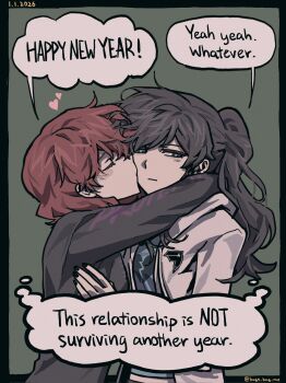 ari_(class_of_09) black_hair black_sweater blue_eyes blue_shirt blush broken_heart_print bugs_bug_me class_of_09 closed_eyes closed_mouth commentary english_commentary english_text grey_background hand_around_neck hand_on_another's_chest happy_new_year heart highres hood hoodie hug kiss kissing_cheek long_sleeves looking_to_the_side medium_hair midriff_peek new_year nicole_(class_of_09) ponytail red_hair shirt simple_background speech_bubble sweater thought_bubble timestamp upper_body white_hoodie yuri