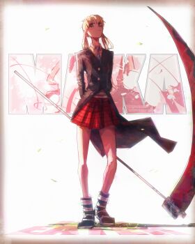 1girl absurdres black_coat blonde_hair blue_necktie blush boots character_name coat collared_shirt commentary full_body highres holding holding_scythe instagram_logo instagram_username maka_albarn necktie red_skirt scythe shirt skirt solo soul_eater stephengiannart twintails twitter_logo twitter_username white_shirt