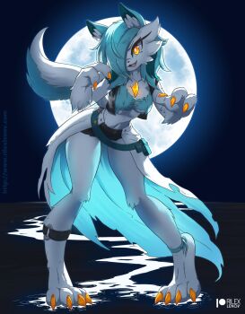 1girl :3 alternate_color alternate_species animal_ear_fluff animal_ears animal_feet animal_hands animal_nose ankleband artist_name backlighting barefoot belt black_shorts black_vest blue_hair blue_shirt blue_sky body_fur breasts bright_pupils claws cleavage collarbone covered_erect_nipples crop_top cropped_vest feet female_focus full_moon furry furry_female gardevoir gen_3_pokemon glowing hair_over_one_eye hands_up happy head_tilt highres leaning_forward legs linna_(rilex_lenov) long_skirt looking_afar medium_hair micro_shorts moon moonlight navel night nintendo one_eye_covered open_clothes open_mouth open_vest orange_eyes outdoors overskirt patreon_logo patreon_username pokemon pokemon_(creature) pouch rilex_lenov ripples shiny_pokemon shirt shorts skirt sky smile solo standing standing_on_liquid stomach tail tail_raised thighs tiptoes toes torn_clothes torn_shirt torn_skirt two-sided_fabric two-sided_skirt underboob v-shaped_eyebrows vest watermark web_address werewolf white_fur white_pupils wide_hips wolf_ears wolf_girl wolf_tail