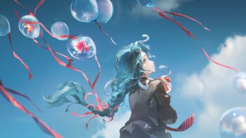 1girl apple blue_sky braid cloud cloudy_sky coat fish floating_hair food from_side fruit goldfish green_eyes grey_coat hand_up highres hissabeth holding holding_food holding_fruit imbiqv long_braid looking_up profile reverse:1999 see-through_balloon single_braid sky smile snake snake_on_head solo upper_body