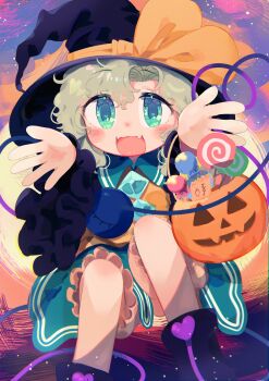 1girl absurdres black_boots black_hat boots buttons candy diamond_button eyeball food frilled_shirt_collar frilled_sleeves frills green_eyes green_hair green_skirt halloween halloween_bucket hat hat_ribbon heart heart_of_string highres jack-o&#039;-lantern komeiji_koishi lollipop ribbon shirt skirt smile swirl_lollipop third_eye toroid_(621997) touhou wide_sleeves witch_hat yellow_ribbon yellow_shirt