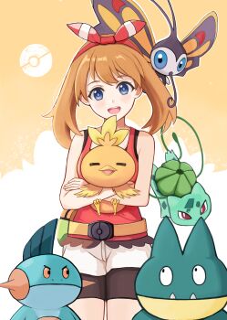1girl :d absurdres beautifly bike_shorts blue_eyes blush bow_hairband bulbasaur commentary_request fanny_pack gen_1_pokemon gen_3_pokemon gen_4_pokemon hairband highres holding holding_pokemon hxf19980102 marshtomp may_(pokemon) medium_hair munchlax nintendo open_mouth poke_ball_symbol pokemon pokemon_(creature) pokemon_oras red_hairband shirt shorts sleeveless sleeveless_shirt smile torchic white_shorts yellow_bag