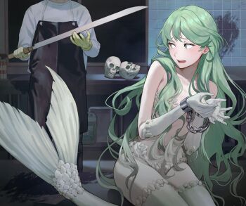 1girl 1other bound bound_wrists commentary_request defeat demon_(megami_tensei) donbee937 eyelashes green_eyes highres holding holding_sword holding_weapon horror_(theme) indoors long_hair mermaid_(megami_tensei) open_mouth restrained shin_megami_tensei skull sweatdrop sword very_long_hair wavy_hair weapon