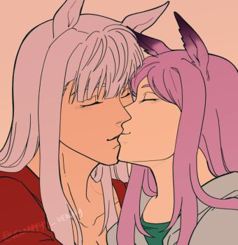 2girls animal_ears blunt_bangs closed_eyes couple gold_ship_(umamusume) grey_hair horse_ears horse_girl horse_tail kiss long_hair mejiro_mcqueen_(umamusume) multiple_girls purple_hair simple_background smile tail umamusume vennyyyy_draws yuri