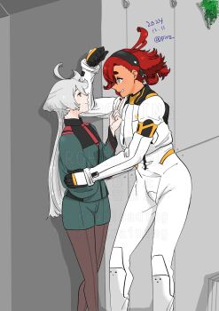 2girls 715piro_gon asticassia_school_uniform black_hairband black_pantyhose blue_eyes bodysuit closed_mouth commentary dated green_jacket green_shorts grey_eyes grey_hair gundam gundam_suisei_no_majo hairband hand_on_another&#039;s_chin hashtag-only_commentary highres jacket long_hair miorine_rembran multiple_girls pantyhose parted_lips red_hair school_uniform shorts smile spacesuit suletta_mercury thick_eyebrows white_bodysuit yuri