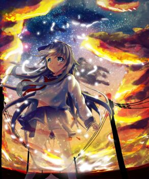 10s 1girl blue_eyes cloud fading female_focus hat hibiki_(kancolle) highres kantai_collection long_hair personification pleated_skirt ryuguu_yassu ryuuguu_yassuu school_uniform serafuku silver_hair skirt sky solo vanishing