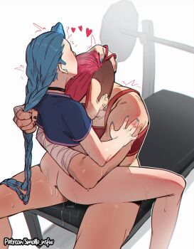 1futa 1girl arcane:_league_of_legends arcane_jinx arcane_vi ass bare_shoulders black_choker blue_hair braid breasts choker crop_top futa_with_female futanari gym gym_shirt heart highres implied_futanari incest jinx_(league_of_legends) league_of_legends long_hair muscular muscular_female red_hair sex shirt short_hair smollb_nsfw twin_braids undercut vi_(league_of_legends)