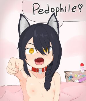 1girl absurdres aerd animal_ears armpits bdsm bed black_hair braid chainsaw_man collar condom condom_wrapper dildo dog_ears drawer egg_vibrator english_text flat_chest highres inverted_nipples loli lube nayuta_(chainsaw_man) open_mouth pedophile pet_play pointing pointing_at_viewer sex_toy single_braid slave smile solo sweat tongue unusual_pupils vibrator yellow_eyes