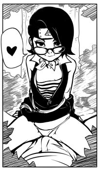 1boy 1girl bare_shoulders border boruto:_naruto_next_generations bush collarbone fingerless_gloves forest girl_on_top glasses gloves greyscale heart jcm2 loli monochrome naruto_(series) nature on_person outdoors panties seductive_smile short_hair sitting sitting_on_person smile solo_focus spoken_heart teasing tree uchiha_sarada underwear white_border