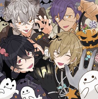 4boys ahoge animal_ears anritti basket bat_(animal) black_gloves black_nails black_shirt brown_shirt candy claw_pose collared_shirt commentary_request cosplay crossed_bangs curtained_hair doodled_object earrings ensemble_stars! fangs food frankenstein&#039;s_monster frankenstein&#039;s_monster_(cosplay) ghost gloves hair_between_eyes hakaze_kaoru halloween_bucket halloween_costume hand_up highres holding holding_basket holding_lantern jewelry lantern male_focus multiple_boys necklace ogami_koga one_eye_closed open_mouth otogari_adonis priest purple_shirt red_eyes rosary sakuma_rei_(ensemble_stars!) shirt stitched_face stitches tongue tongue_out undead_(ensemble_stars!) vampire_costume werewolf_costume white_gloves white_shirt wolf_ears yellow_eyes