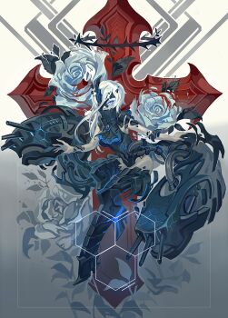 1girl abyssal_ship armor armored_boots ascot b.i.a black_boots black_leotard blue_eyes boots bracelet broken broken_armor collared_halterneck collared_leotard colored_skin covered_mouth covered_navel cross flower full_body glowing gradient_background grey_background hair_around_horn halter_leotard halterneck headgear high_collar high_heel_boots high_heels highleg highres honeycomb_(pattern) horns industrial_pipe jewelry kantai_collection lace-trimmed_ascot leaf leg_up leotard long_hair looking_at_viewer machinery mask ne-class_heavy_cruiser one_eye_covered oversized_flower pale_skin rose ship_turret single_horn sleeveless solo thigh_boots thorns white_flower white_hair white_rose white_skin