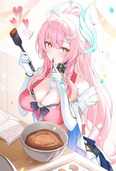 Rule 34 | 1girl, absurdres, aemeath (wuthering waves), ahoge, apron, bare shoulders, book, bowl, breasts, chocolate making, cleavage, commentary, elbow gloves, gloves, hair ornament, hashtag-only commentary, highres, holding, licking, licking finger, looking at viewer, medium breasts, mole, mole on shoulder, open book, orange eyes, pink hair, ponytail, sinonomemikann, solo, star-shaped pupils, star (symbol), symbol-shaped pupils, tacet mark (wuthering waves), white gloves, wuthering waves